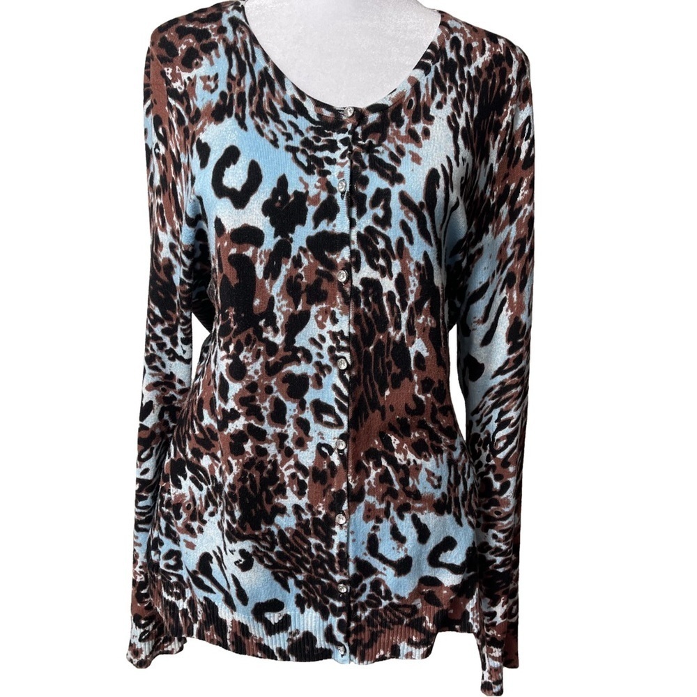 Escio Leopard Animal Print Cardigan Sweater Rhinestone Buttons Blue Brown Black